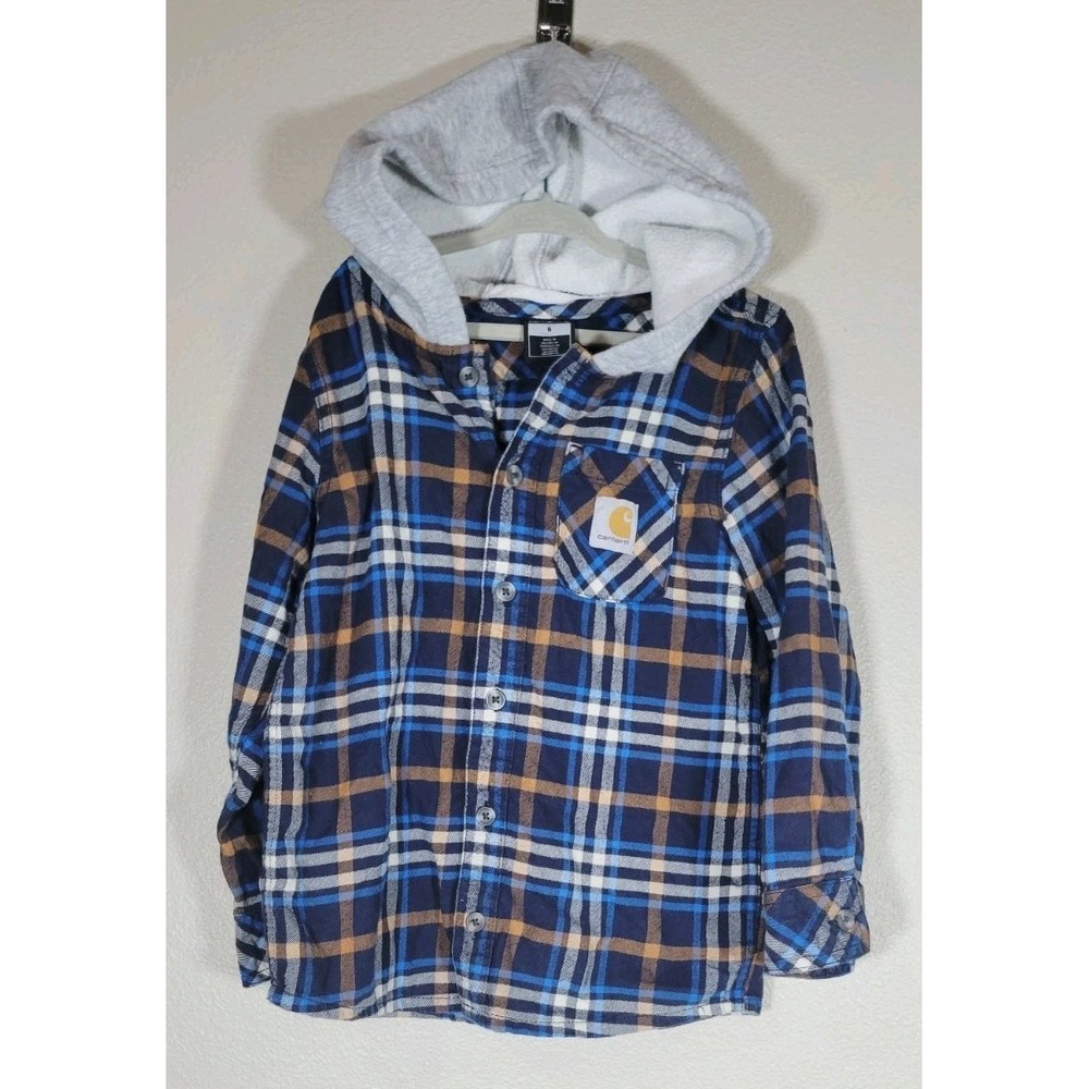 Carhartt Kids Hooded Flannel Shirt‎ Jacket Plaid Blue Brown Size 6